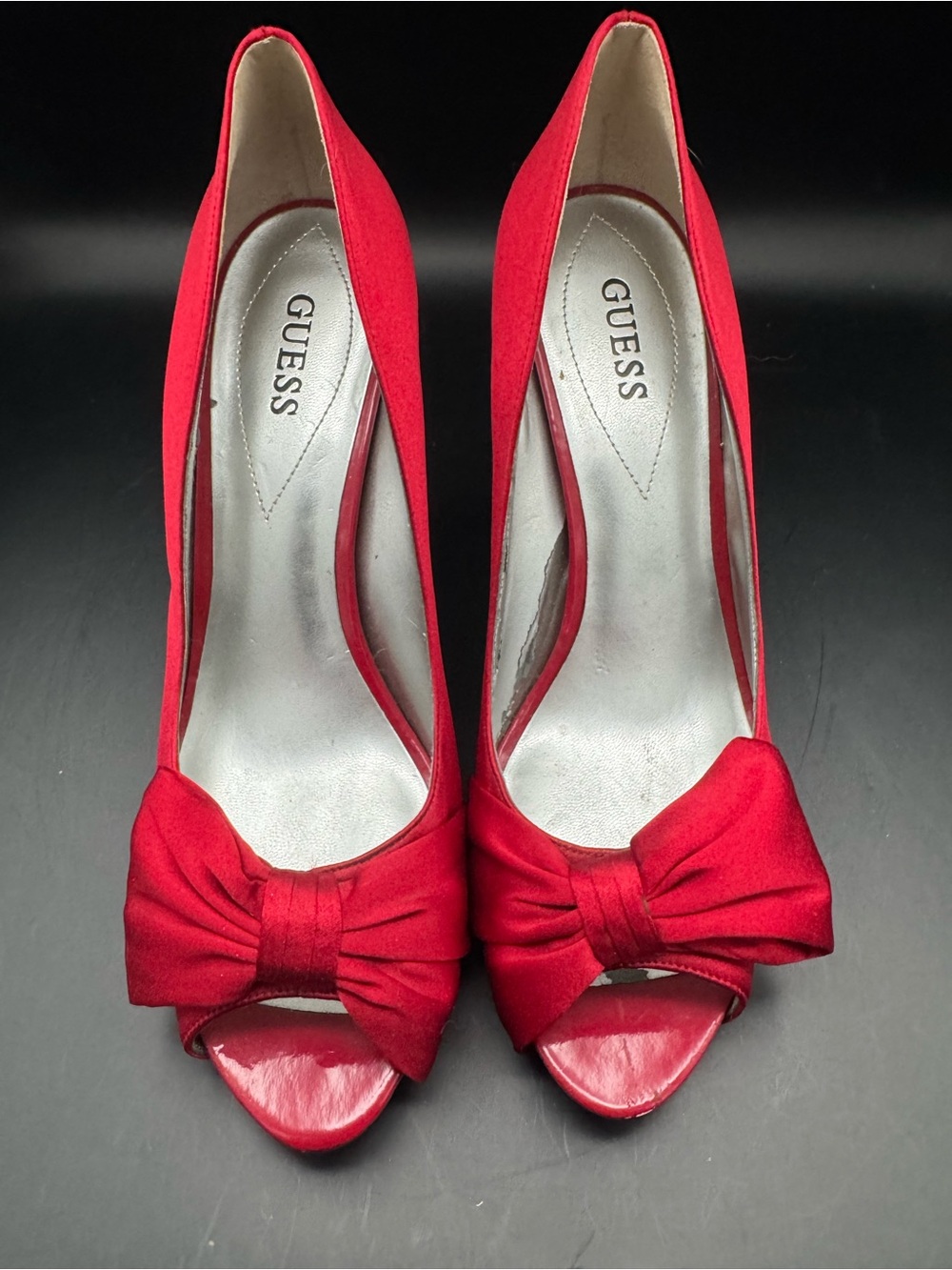 GUESS Red Satin Bow Peep-Toe Heels